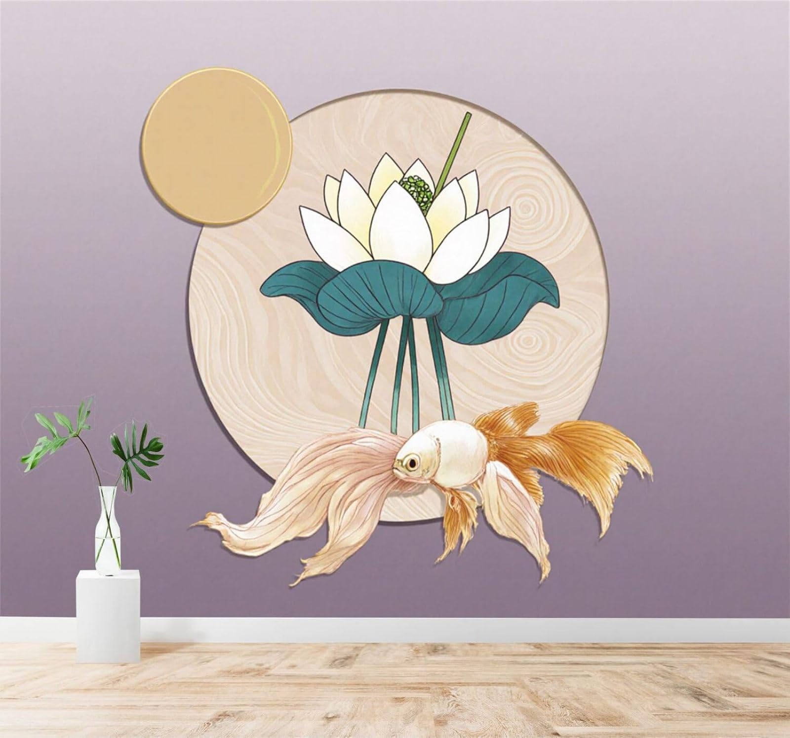 Xlming 200Cm×140Cm(B×H) Minimalist Goldfish Moon Lotus Art 3D Wallpaper Silky Texture Home Study Office Grey Dining Room Sofa Bedroom Living Room Tv Backdrop-200Cm×140Cm