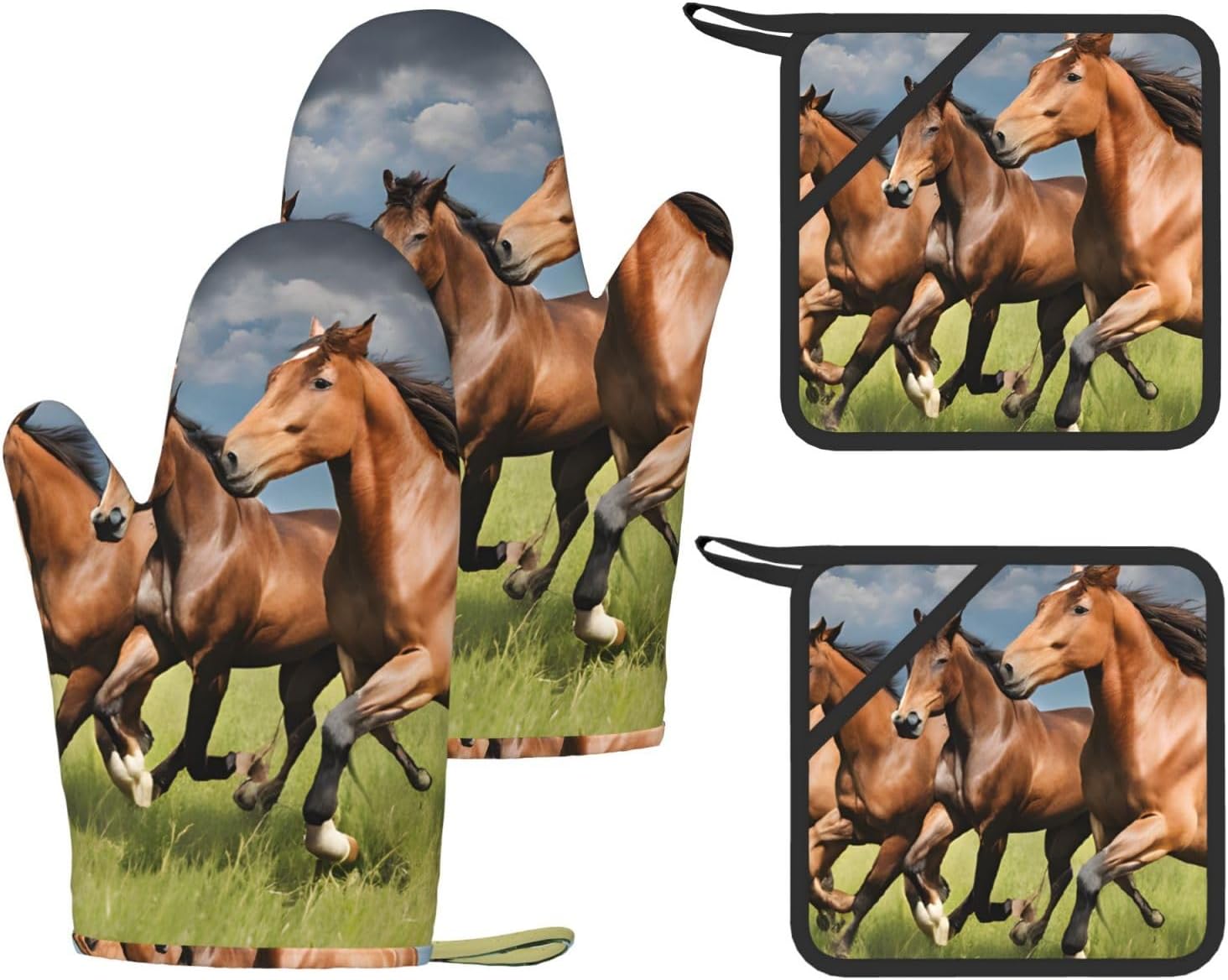 Horses Oven Mitts and Pot Holders Set of 4 Heat Resistant Kitchen Gloves with Silicone Palm Hot Pads for Baking Cooking Grilling BBQ