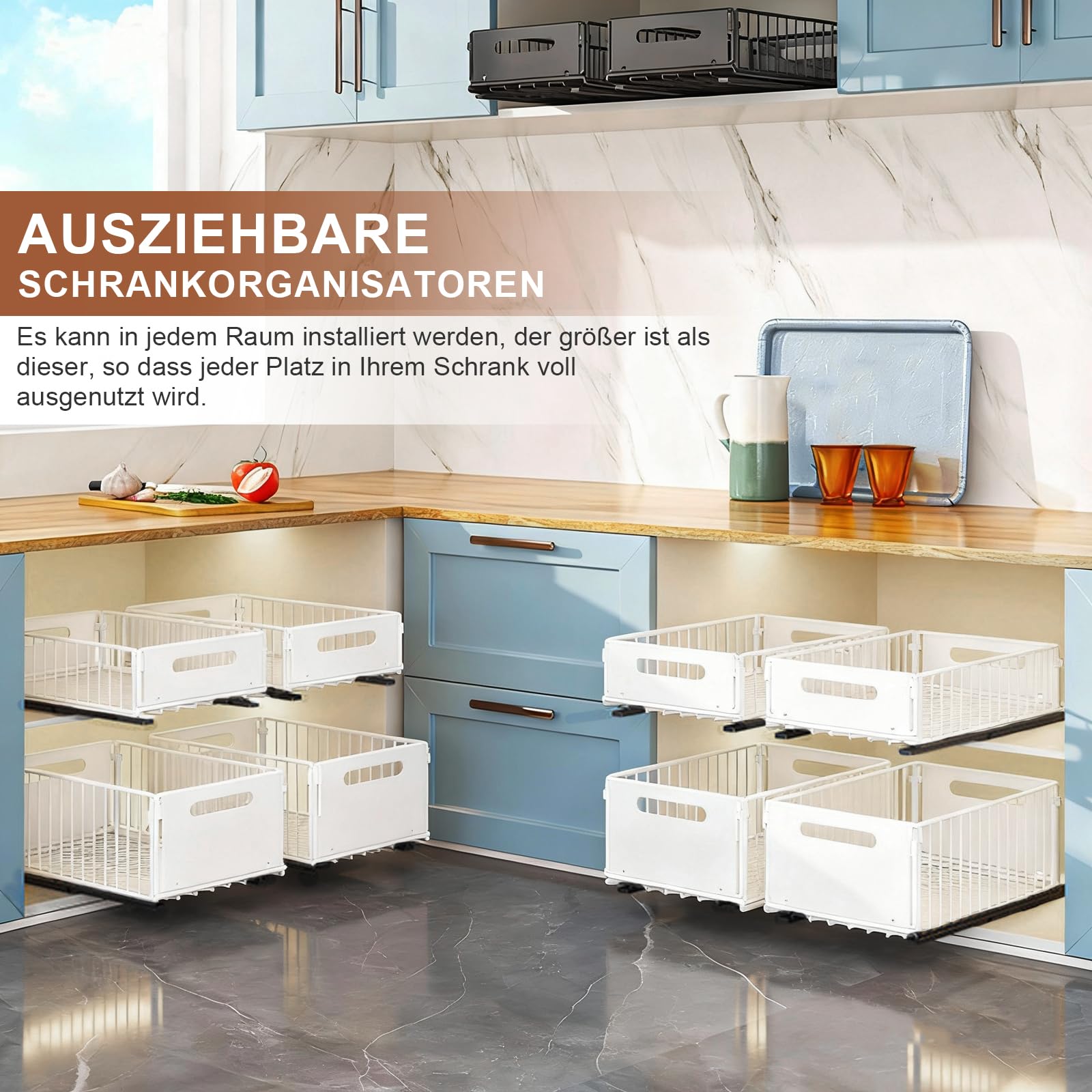 faltbarer ausziehbarer Schrank-Organizer, ausziehbarer Schrank-Organizer, ausziehbare Schubladen-Regalaufbewahrung für die Organisation von Küchenschränken (White, 2 Large + 2 Small)