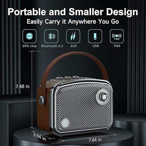 Miniatura 3 de Altavoz Bluetooth portátil de estilo vintage, marrón, diseño retro con rejilla de malla metálica, forma cuadrada compacta (marrón)