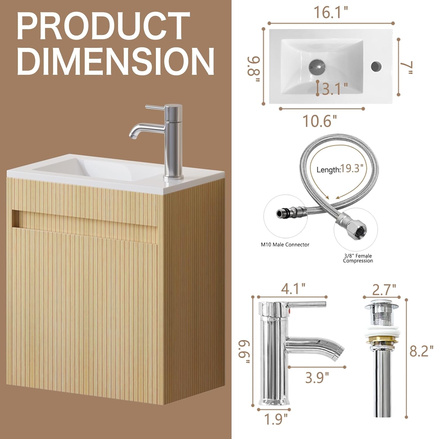 wonline 16" Small Floating Bathroom Vanity Sink Combo, Wall Mounted Narrow Single Cabinet with Resin Basin Sink Top, Water Saving Chrome Faucet & Pop-Up Drain