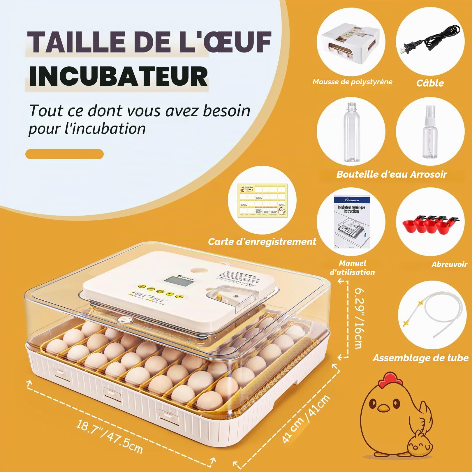 Sailnovo Couveuse Automatique pour 56 Œufs, Couveuse Oeuf Poule avec Retournement Automatique des Œufs, Contrôle de Température et Ajout Automatique d'Humidité, Jaune