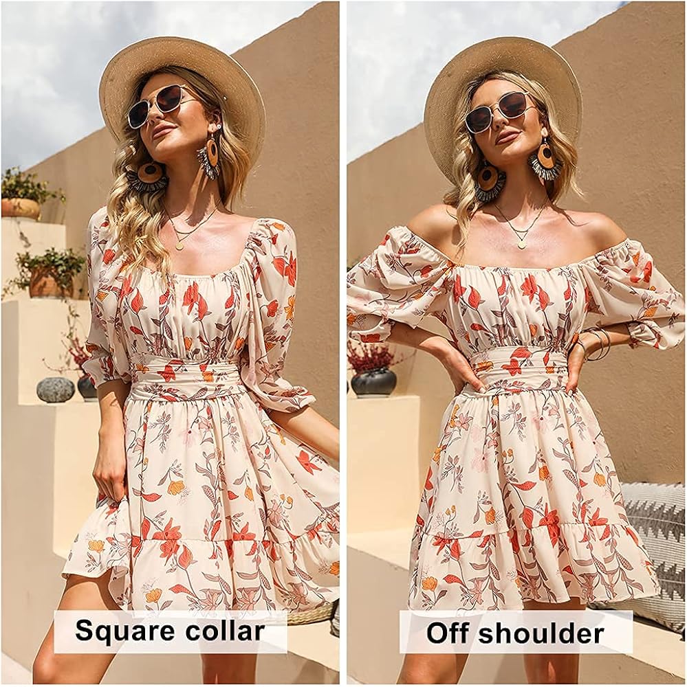 EXLURA Womens Lantern Sleeve Tie Back Dress Ruffled Off Shoulder A-Line Vintage Mini Dress : Clothing, Shoes & Jewelry