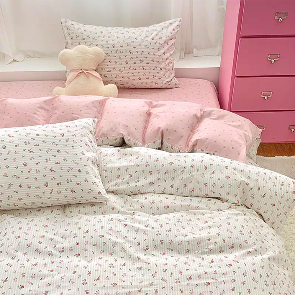 Covebett King Bed Duvet Cover Sets White Pink Flowers Floral Striped Print Reversible Microfibre Bedding Set Botanical Aesthetic Quilt Cover 220x230 with Zipper Closure and 2 Pillowcases 50x75 cm โ image 1