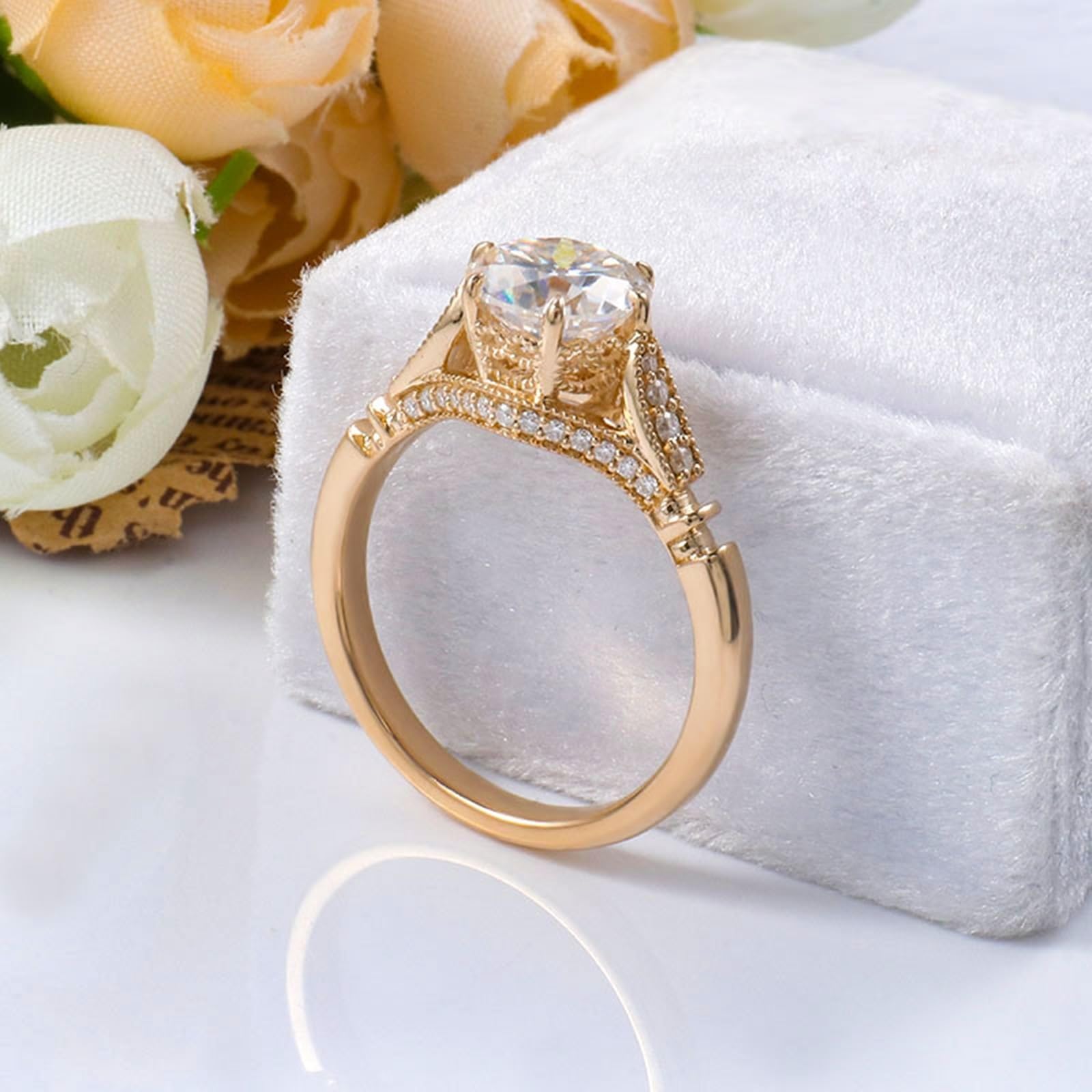 Moissanite D Color VVS1 pierścionek damski, żółte złoto, pierścionek zaręczynowy, prawdziwe złoto, 375/585/750, soliter, elegancki, pierścionek ślubny, 9K/14K/18K złoty z grawerunkiem dla kobiet