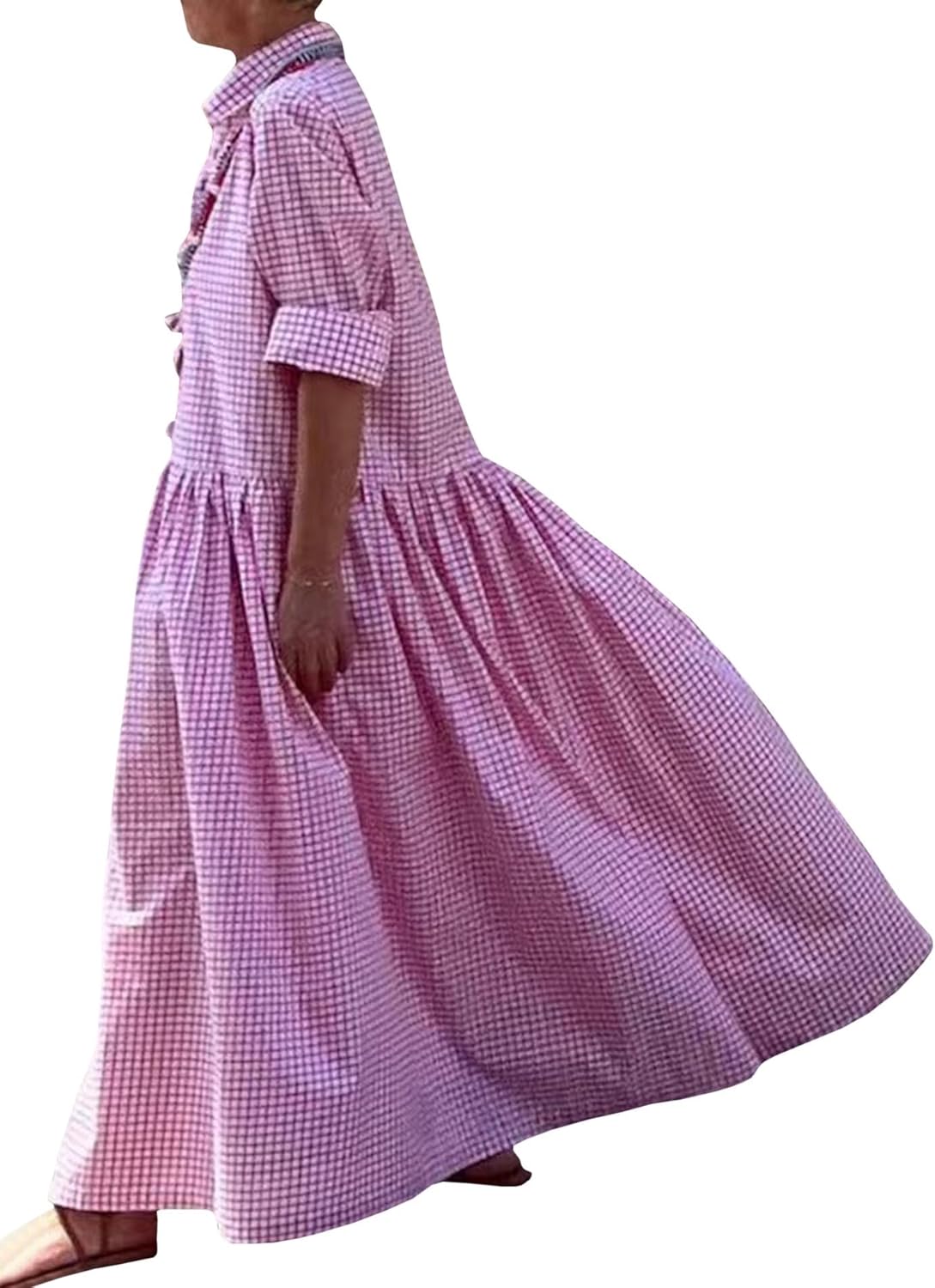 Sexyshine Women's Retro Plaid Button Down Long Sleeve Maxi Shirt Dress Loose Button Up Gingham Swing Pleated Long Dress - Image 2