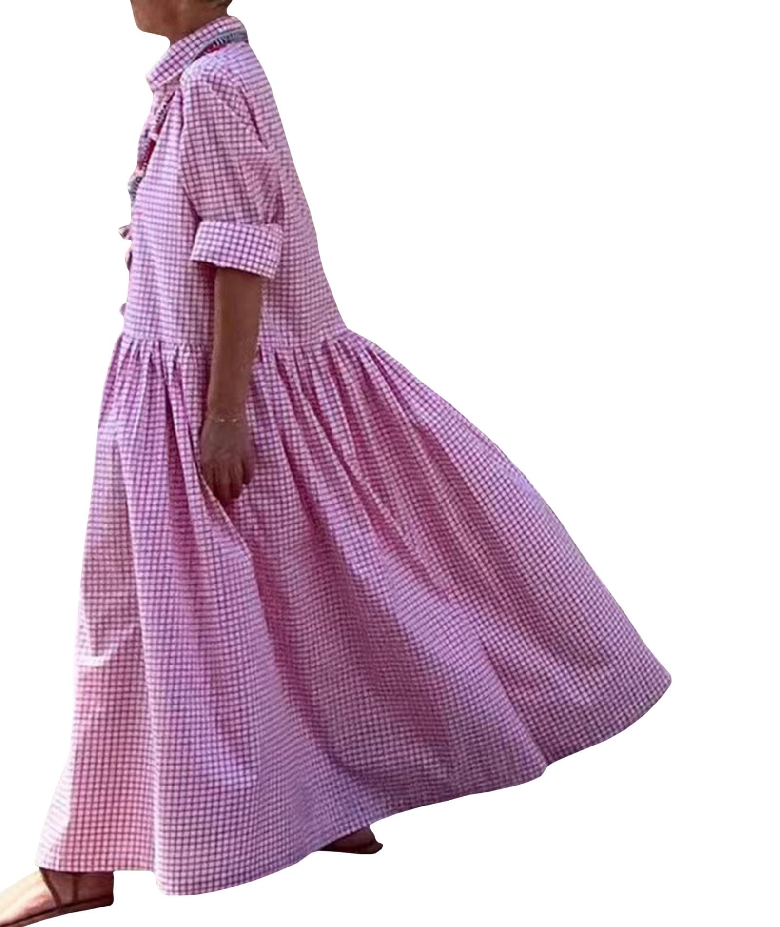 SOMTHRON Maxi abito da donna a maniche lunghe, plissettato, a quadretti, stile retrò, con bottoni