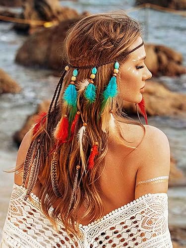 Miniatura 5 de GORTIN Diadema de plumas bohemias, tocado hippie, disfraz indio gitano, accesorio bohemio para el cabello para mujer (A-azul + rojo)