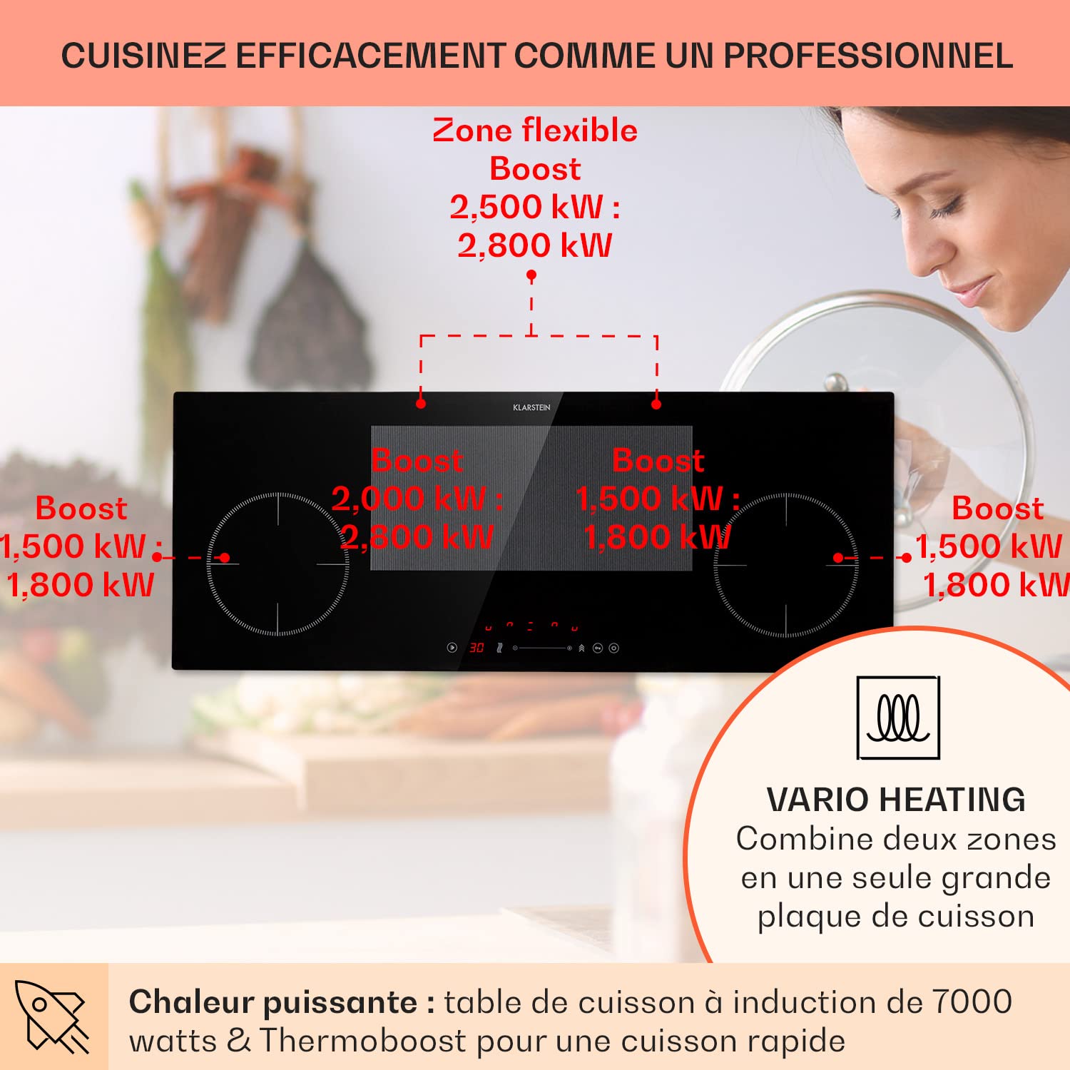 Klarstein Plaque Induction 7000W, Plaque de Cuisson Electrique à Induction, Encastrées 4 Feux, Tables de Cuisson Encastrable, Contrôle Tactile, Rechaud Electrique pour la Cuisine
