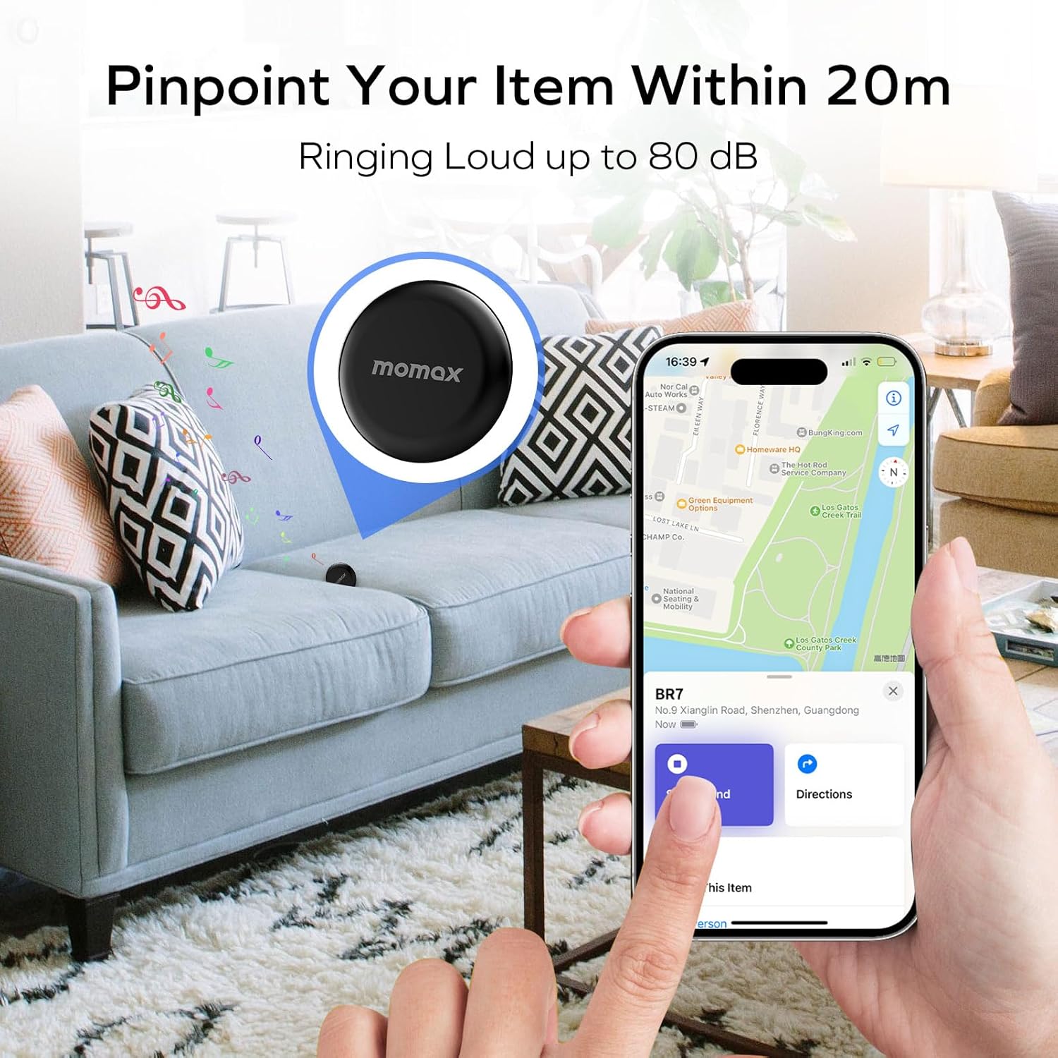 MOMAX Smart Tracker Tag emitting sound, with a phone showing its location within 20m.