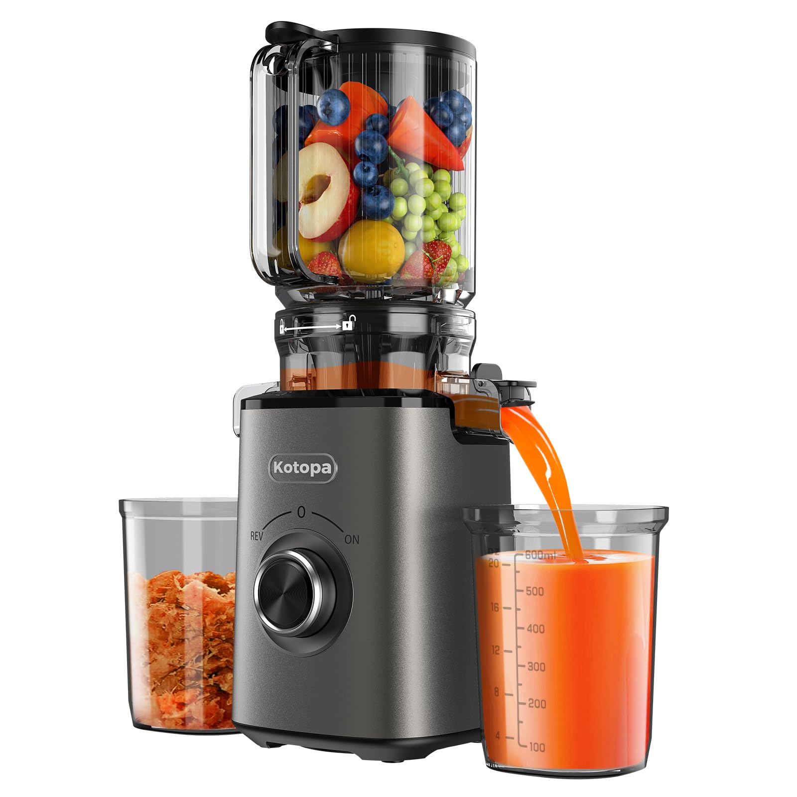 Kotopa Entsafter Gemüse und Obst Testsieger, Slow Juicer mit 120 MM XL-Einfüllschacht, 600 mL Saftbehälter, Elektrische Juicer Machine für Familien, Gesundheitsbewusste, Einfache Reinigung(Grau)