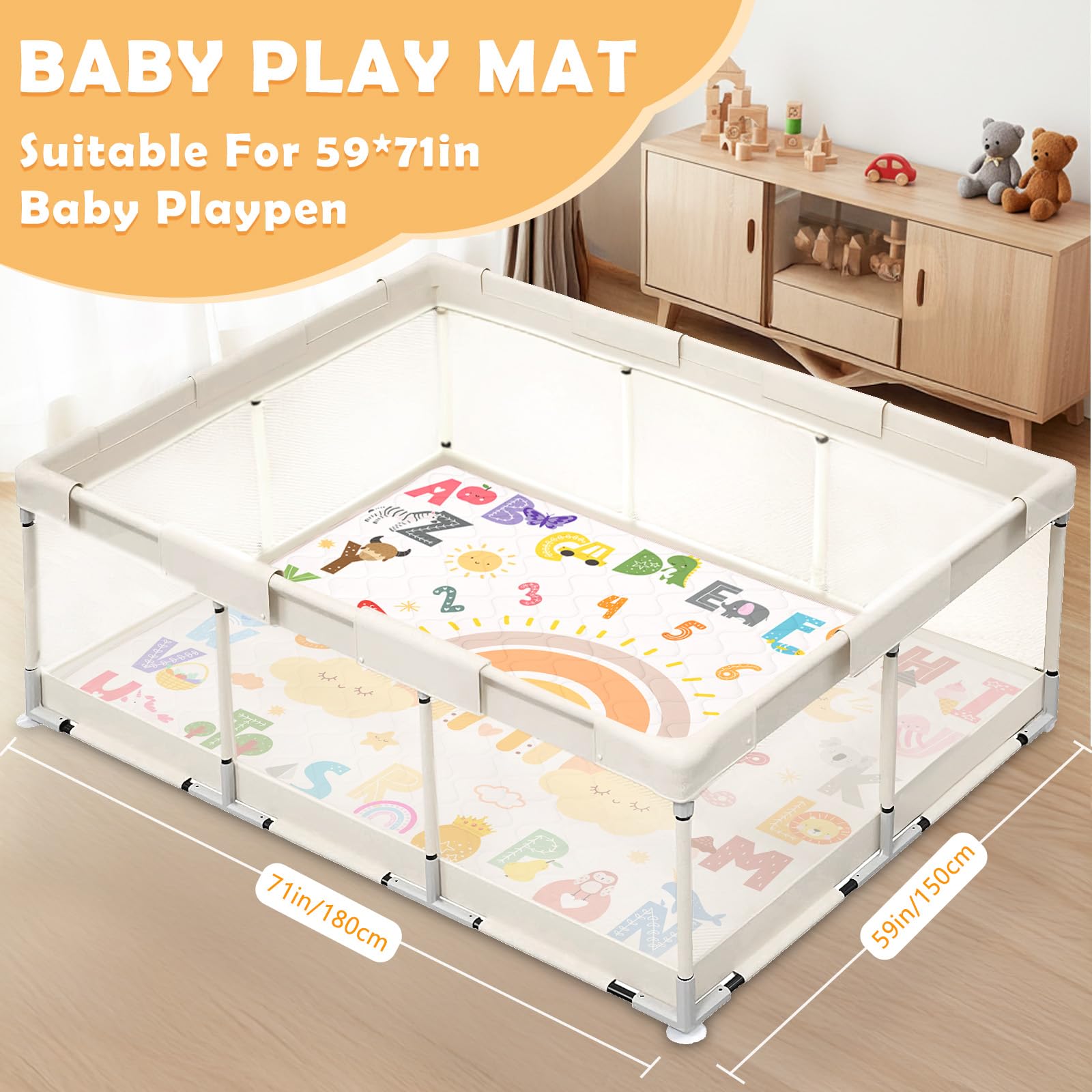 Tapis de Juego Bebé 150 * 180cm, Alfombra de Actividades con Acolchado Grueso para Tummy Time, Base Antideslizante Segura para Gateo, Arco Iris del Alfabeto