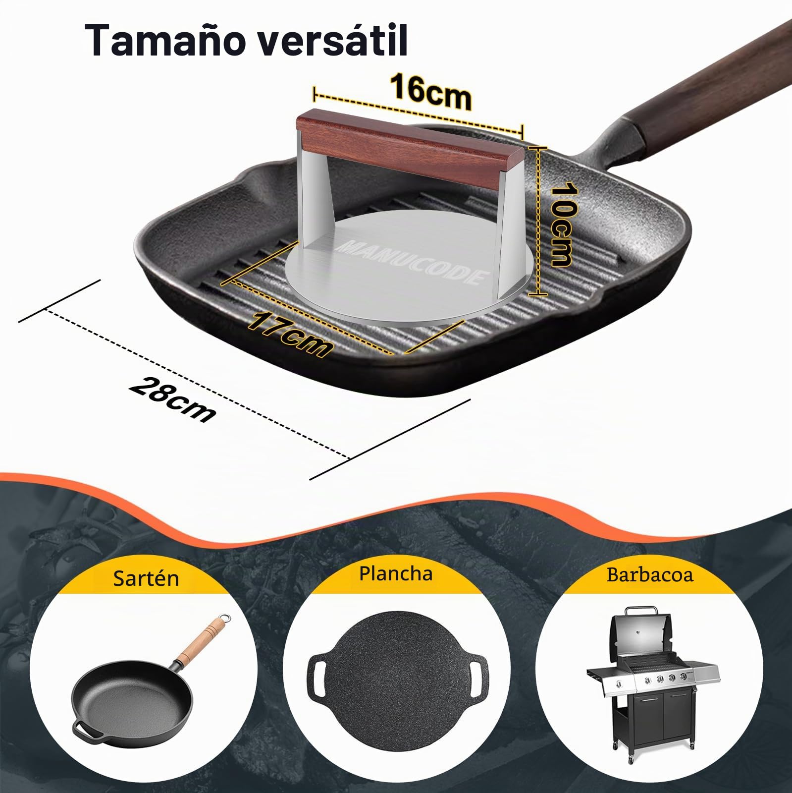 Prensa para hamburguesas de acero inoxidable, 17 cm, 1000 g, aplastador de hamburguesas, aplastador de carne para bistec