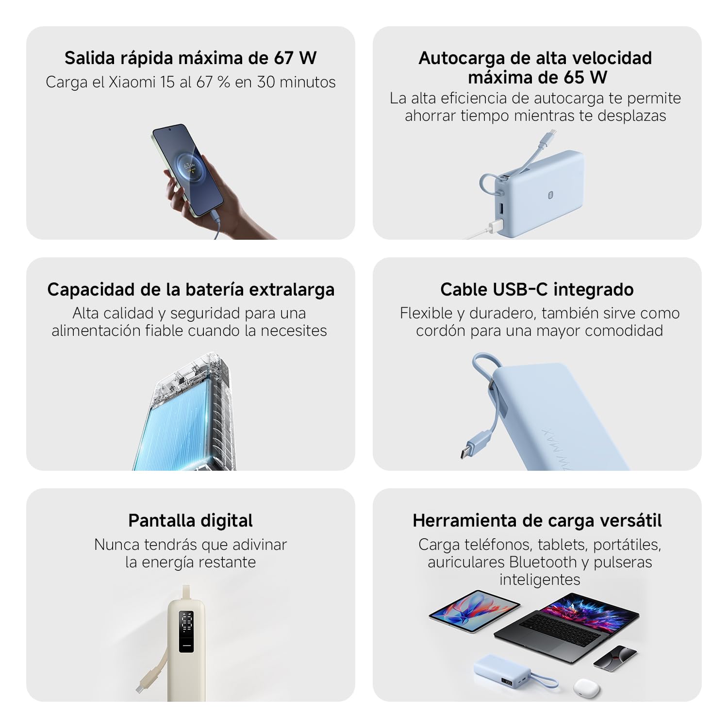Xiaomi 67W Power Bank 20000mAh con Cable USB-C Integrado, Azul Hielo | Carga rápida 67W, 20000mAh, cable USB-C integrado. Carga bidireccional — alimenta 3 dispositivos a la vez.