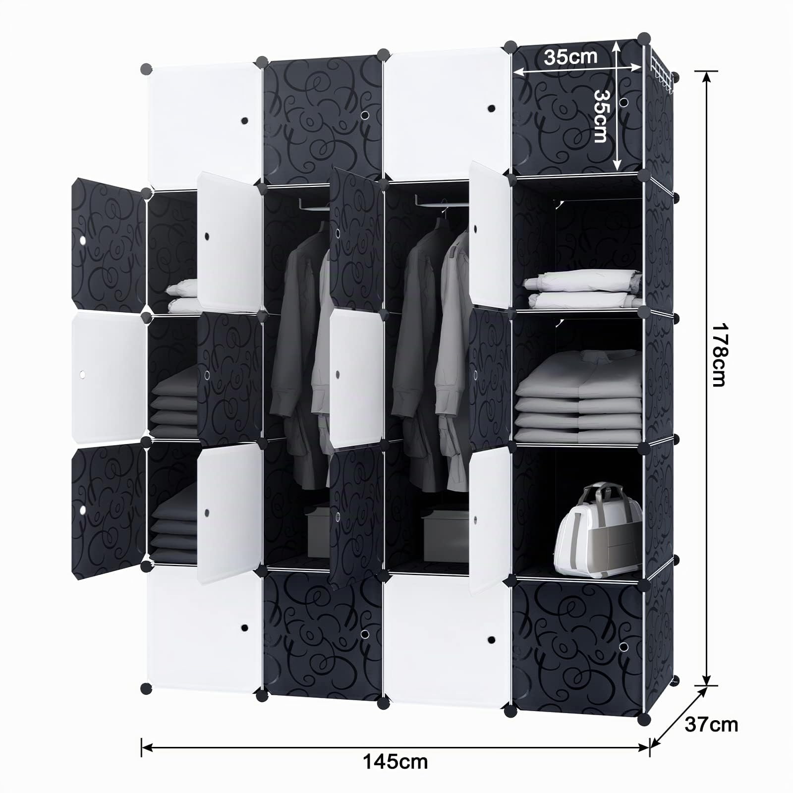 YRHome Système d'étagères DIY - Armoire avec porte - Système d'étagères enfichables - Noir et blanc (20 boîtes avec armoire)