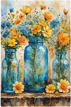 Decorative Switch Covers Plate Rustic Yellow Flowers Floral Blue Bottles 1 Gang No Device Single Blank Outlet Covers Wall Plate Cover Light Switch Plate Electrical Faceplate for Country Decor
