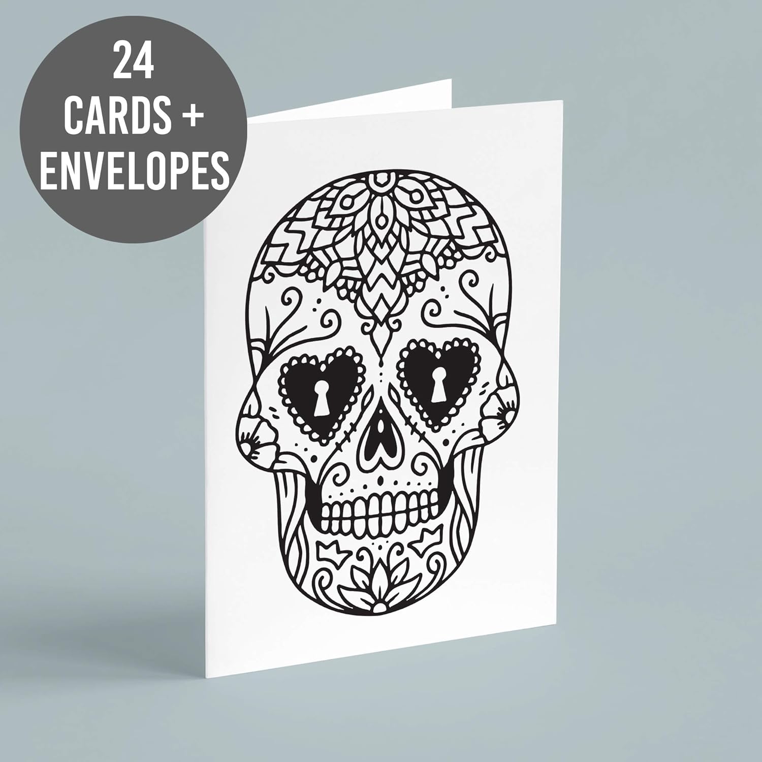 Halloween Holiday Cards - 24 Cards w/White Envelopes - Spooky Skull Skeleton Designs - Personalized Stationery Printed in the USA by RitzyRose (Coloring Skull)