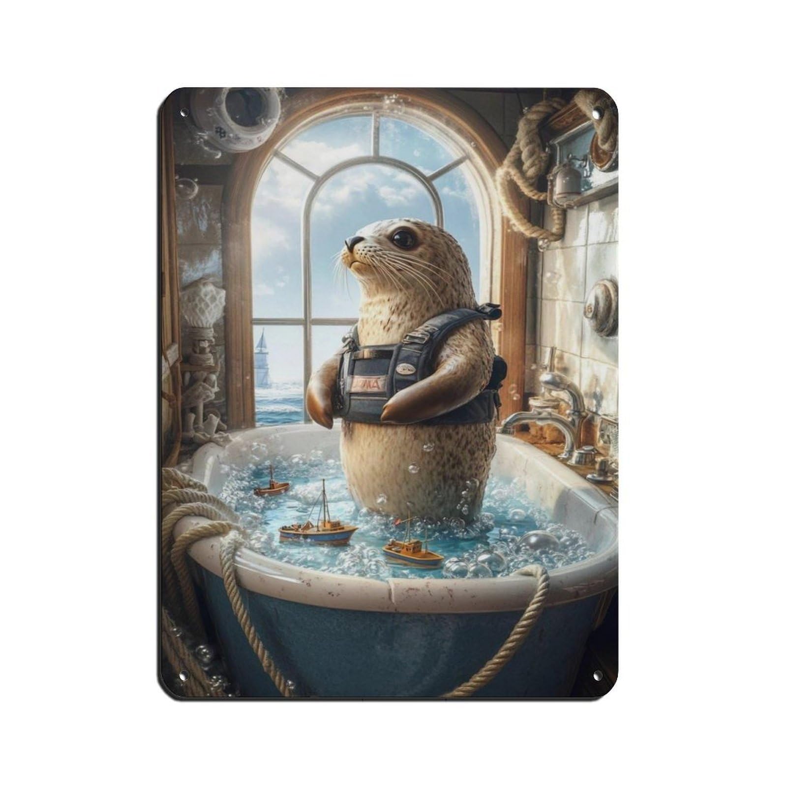 Adorable Ocean-themed,Cute Seal in Bathtub Retro Poster Metal Tin Sign Chic Art Retro Iron Painting Bar People Cave Cafe Family Garage Poster Wall Decoration 12x16inch(30x40cm)