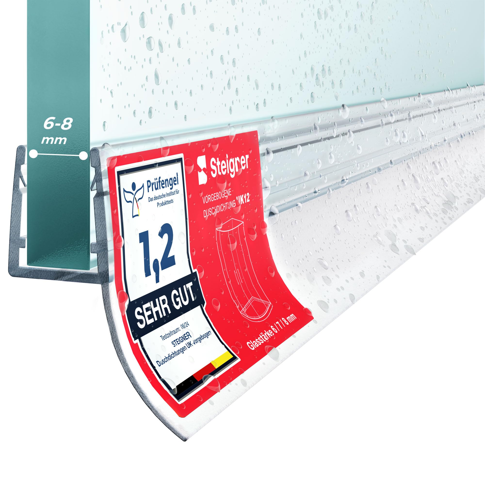 STEIGNER Duschtürdichtung UK12 200 cm (1 Stk.) Transparent - Dichtung gerade für Eckeinstieg Dusche oder Fünfeckdusche mit Duschtür 6-8 mm - Schutz gegen Auslaufen, Perfekte Passform, Einfache Montage