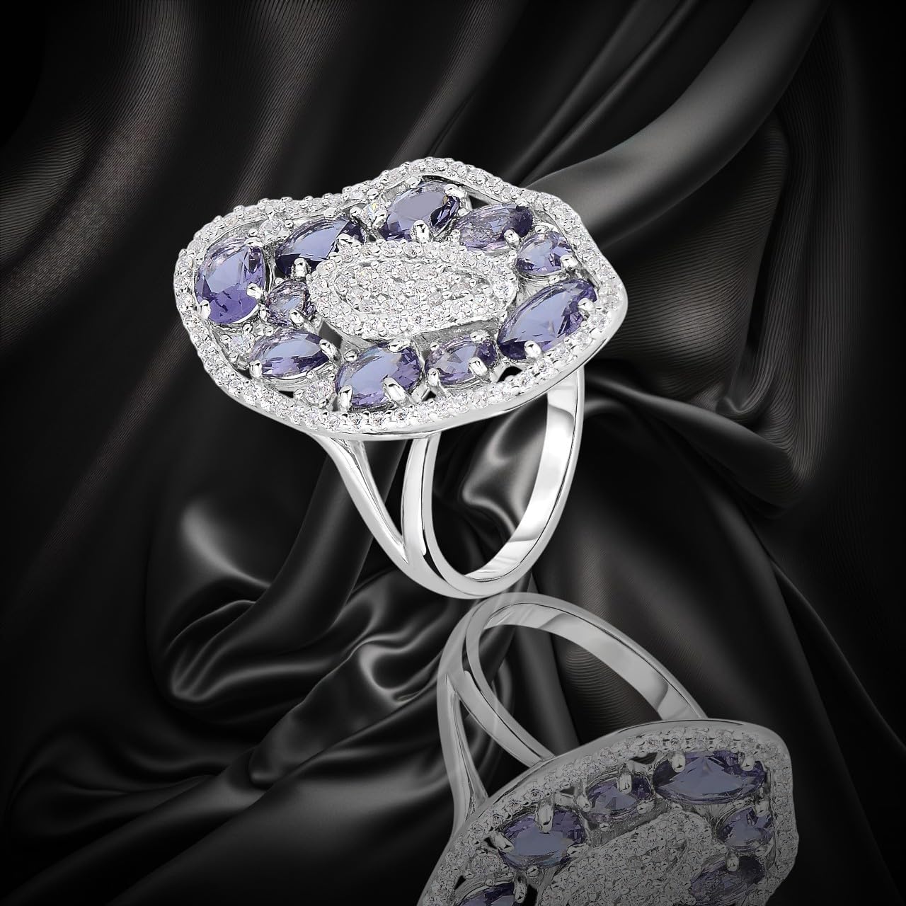 925 Sterling Silver Simulated Amethyst Statement Ring Size 7