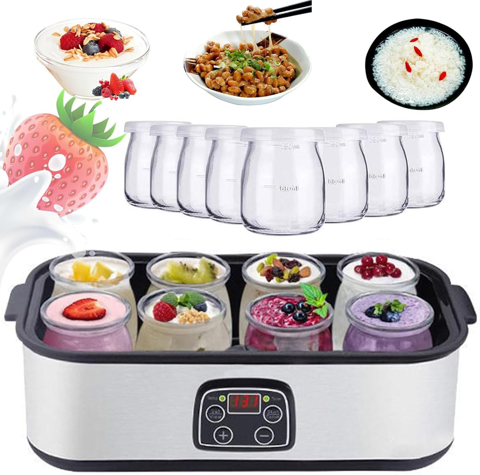 Yaourtière Numérique 1400ml avec 8 Pots en Verre, Machine à Yaourt Automatique avec Température & Minuterie Réglables, Fermentateur Multifonction pour Yaourt Maison & Probiotiques