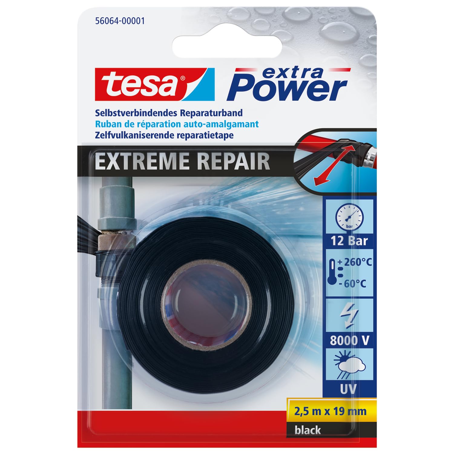 tesa extra Power Extreme Repair Reparaturband - Selbstverschweißendes Reparaturband aus Silikon zum Isolieren und Abdichten - 2,5 m - Schwarz