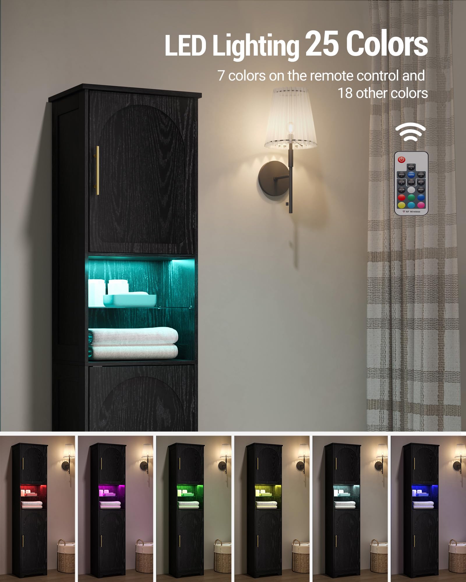 Hzuaneri Armario Alto de Baño con iluminación LED Regulable y 2 Puertas, Mueble Alto con Espacio Abierto, estantes Regulables, salón, baño, 30 x 40 x 170 cm, Negro SC28204X