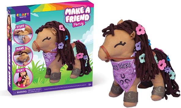 Craft- Tastic - Make a Friend Pony - Mini Sewing Kit, Arts and Crafts, Kids Crafts, Art Supplies, Craft Kit Makes 1 Easy-to-Sew Stuffie with Clothes & Accessories, Bonus Travel Tote Included Ages 5+