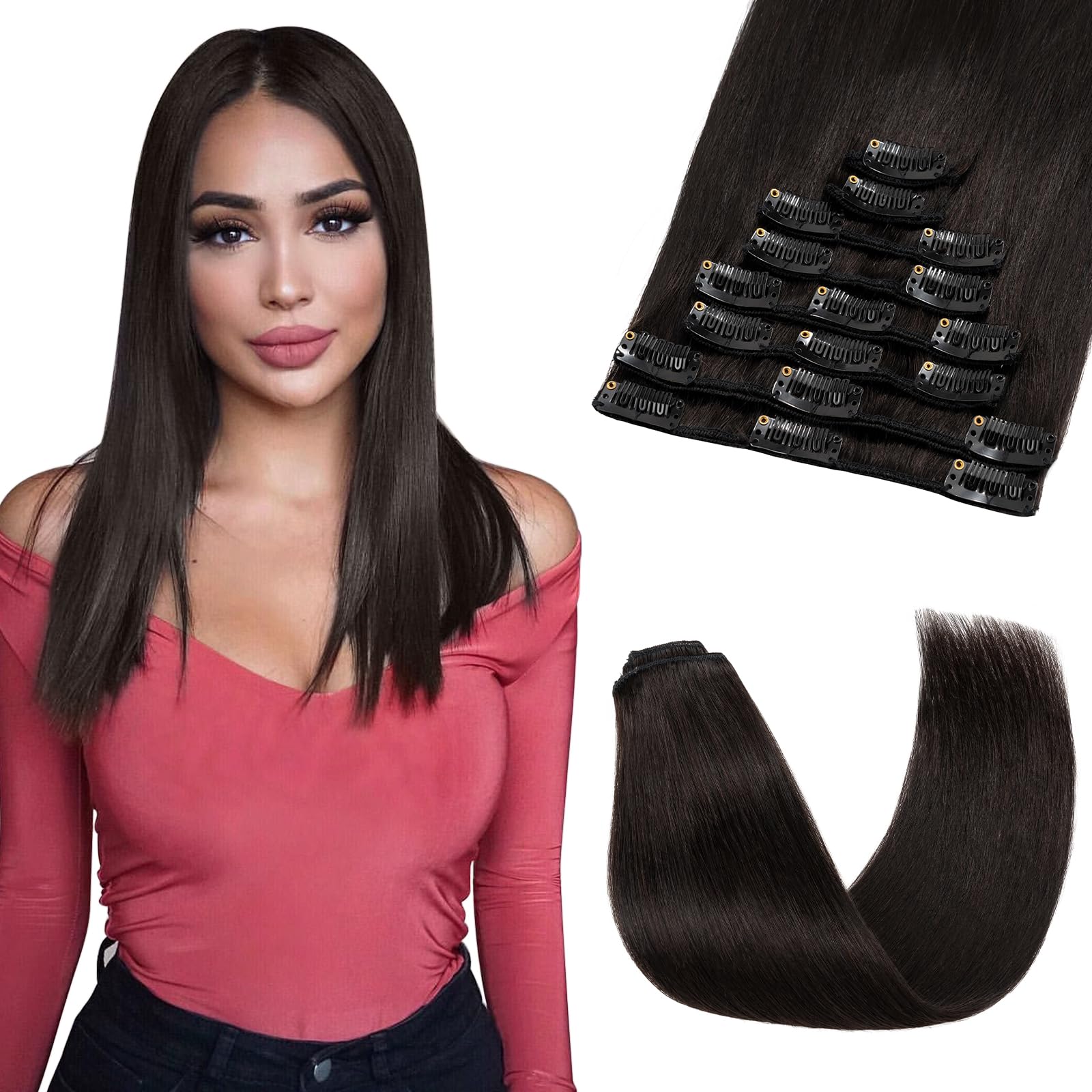 SEGOHAIR 8 PCS Clip in Real Human Hair Extensions, 14 inch Thin Full Head, Straight, Natural Black (60g)