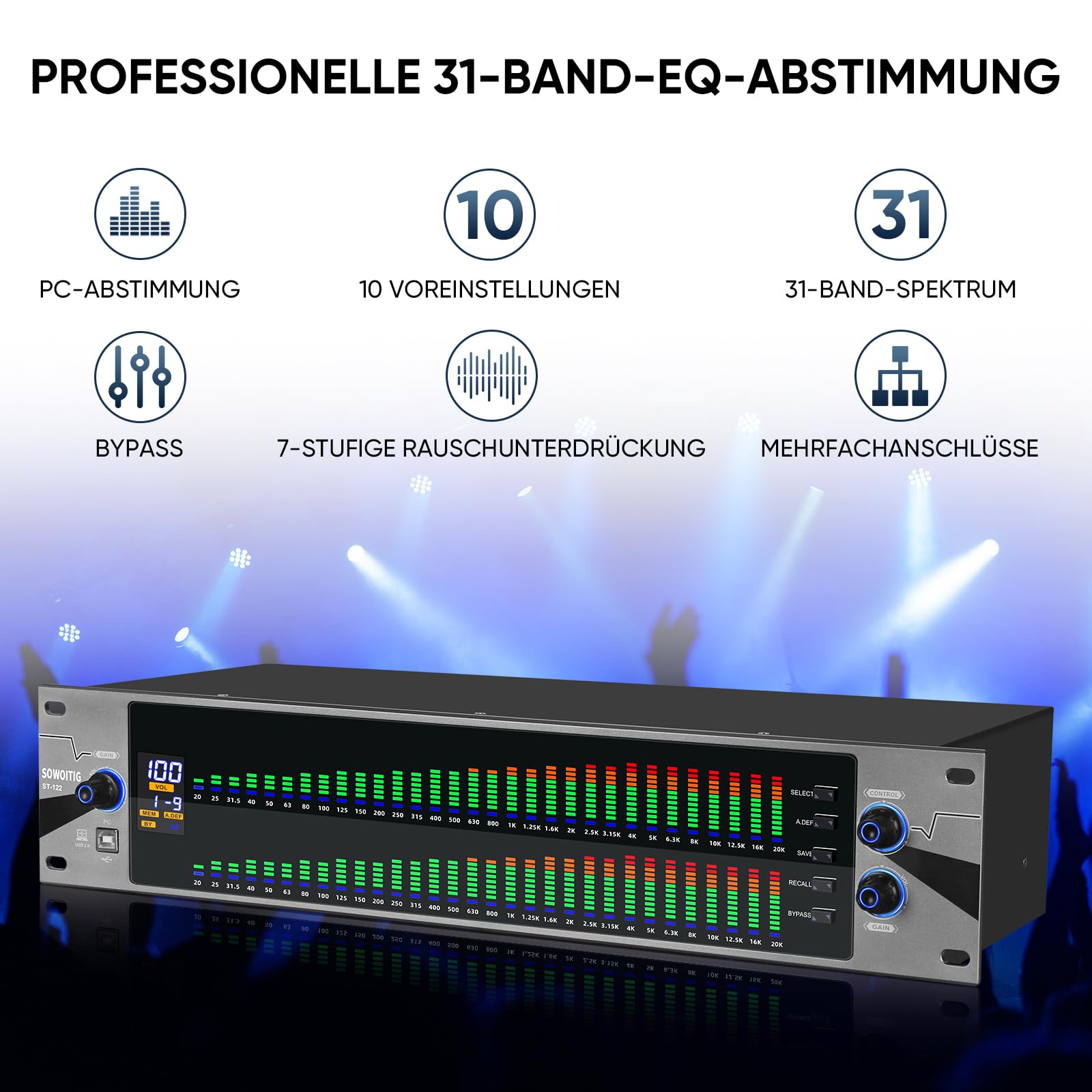 Ecualizador 2U para sistemas de audio estéreo domésticos, ecualizador gráfico profesional de 31 bandas en diseño de montaje en rack, ecualizador de estudio digital con pantalla de analizador