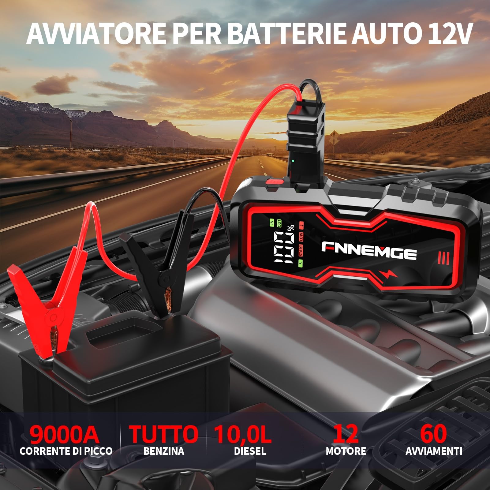 FNNEMGE Avviatore Batteria Auto, 9000A 26800mAh Avviatore Emergenza per Auto （Tutti i Veicoli a Benzina o 10,0L Diesel),Avviatore di emergenza, Jump Starter, con di Uscita USB, Luce LED.