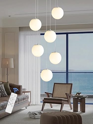 Miniatura 119 de Escalera LED de 10 luces LED moderna con globo de cristal, lámpara colgante grande para techos altos, accesorios de iluminación de entrada, villas y