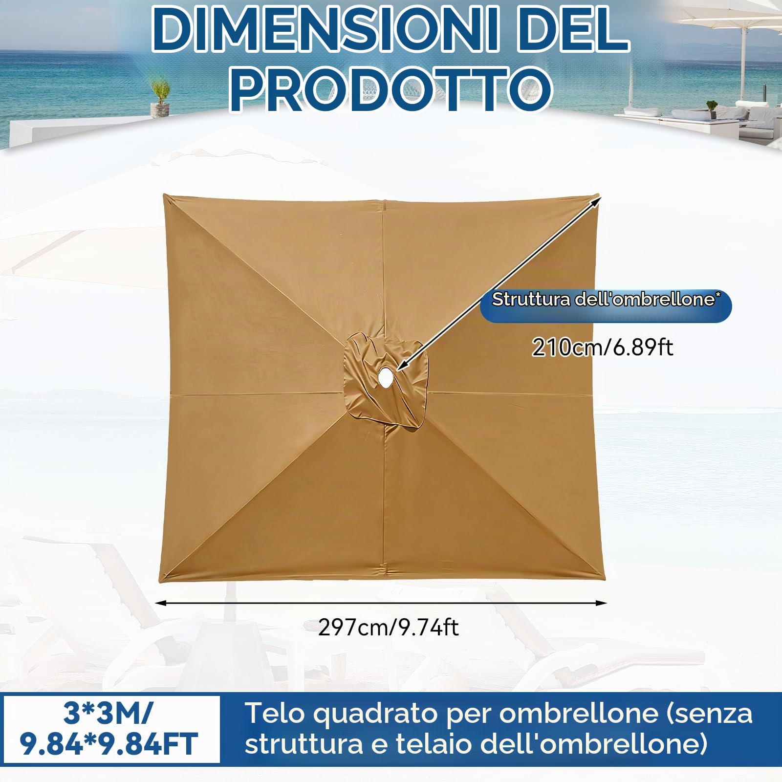 Telo di Ricambio per Ombrellone da Giardino 3x3m-Copertura Quadrata in Tessuto Poliestere per 6 Stecche-Baldacchino Parasole Resistente ai Raggi UV e Idrorepellente (Kaki, 3MX3M)