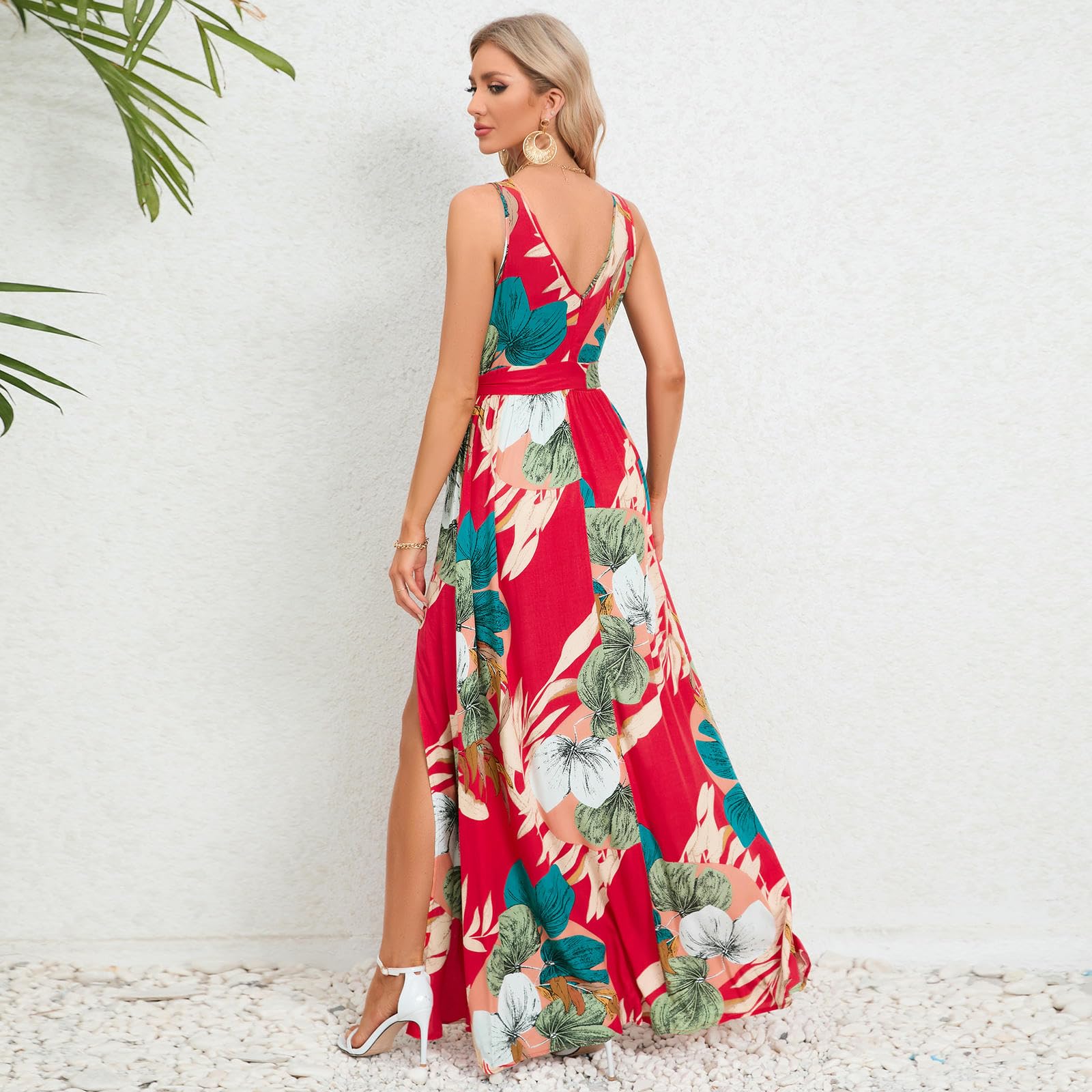Vestito Donna Elegante Abito Estivo delle Donne con Scollo A V Bretelle Senza Maniche Stampa Fessura Stile di Vacanza Cravatta Vita Alta da Spiaggia-Bianco-l