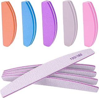 AhaTopia Nail Files & Buffers 10 Pack Double Sided 100/180 Grit Half Moon for Acrylic Gel Natural Nails Manicure Pedicure Kit