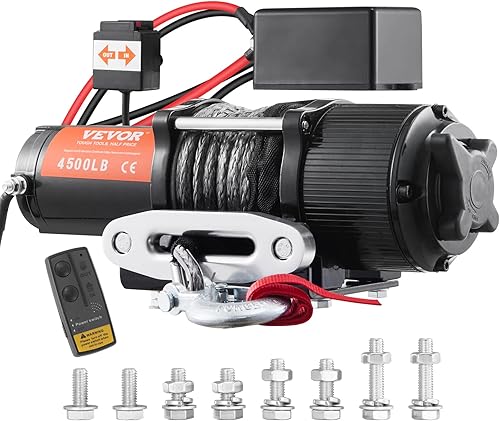 VEVOR Cabrestante eléctrico, cabrestante de cuerda de nailon con capacidad de carga de 12 V, 4500 libras, IP55 de 14 pulgadas x 39 pies ATV UTV con