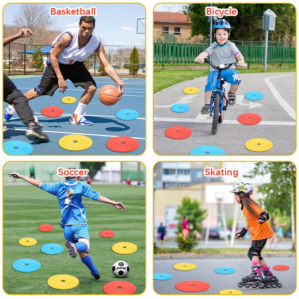 24 Pezzi Cinesini Piatti Allenamento 15cm, Coni Piatti Colorati, Antiscivolo con Supporto per Riporre, Attrezzatura Allenamento di Agilità e velocità, per Calcio, Basket, Pallamano e Altro