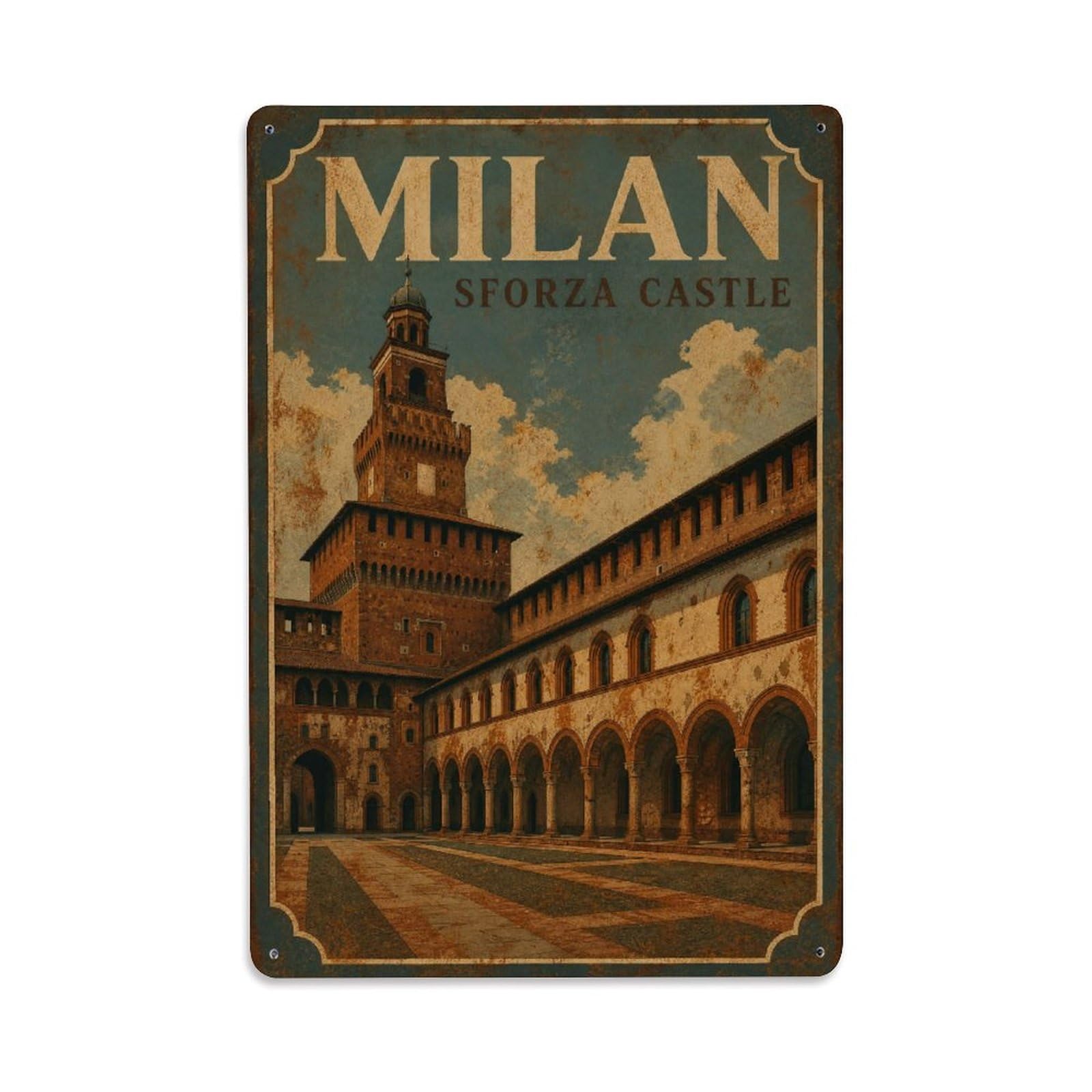 Huiyhb 8X12inch(20X30cm) Vintage Travel Milan Sforza Castle Courtyard Italy Metal Tin Sign