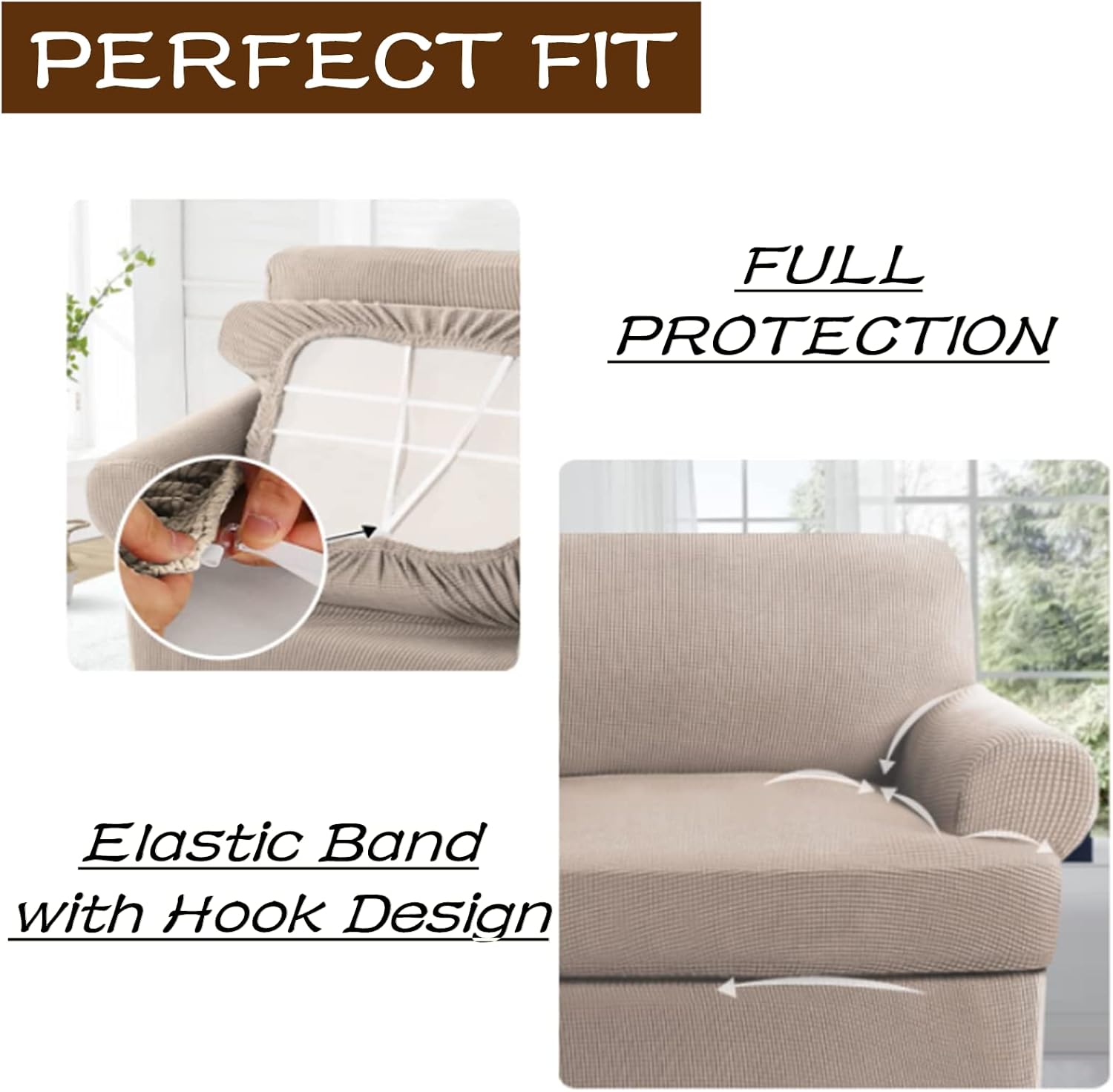 2-Piece T-Cushion Chair Slipcover Set – Stretch Sofa Cover for T-Cushion Armchairs & Chairs (Fits Width Up to 47") – Washable Furniture Protector with T-Shaped Seat Cover (Khaki, Chair)