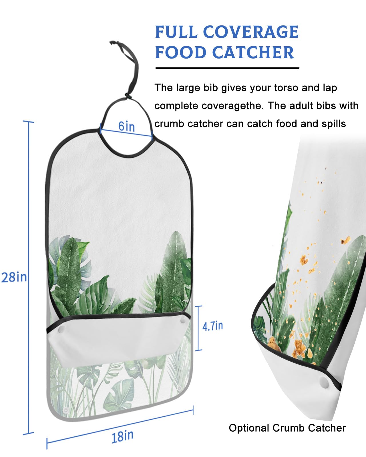 LEOKOTI Green Palm Leaves Botanical Adult Bibs for Eating, Waterproof Bibs with Food Catcher & Adjustable Snap Closure, Summer Tropical Washable Clothing Protectors Adult Bibs for Elderly