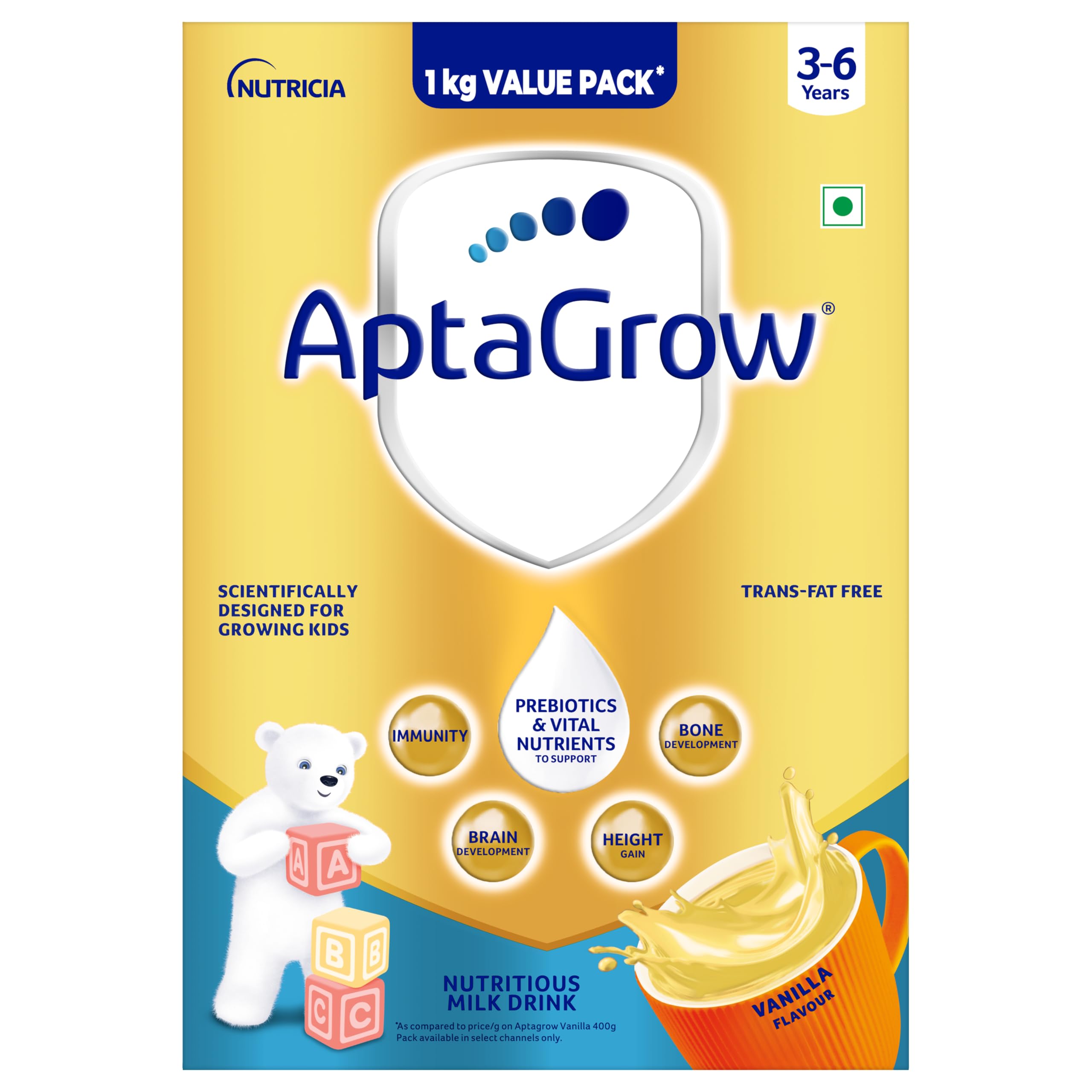 AptaGrow Vanilla Flavoured Nutritious Milk Drink for Children 3-6 Years|With Prebiotics & 11 Immuno-Nutrients|Supports Immunity, Brain Development, Height Gain, Bone Development & Energy|1kg BIB-image-38