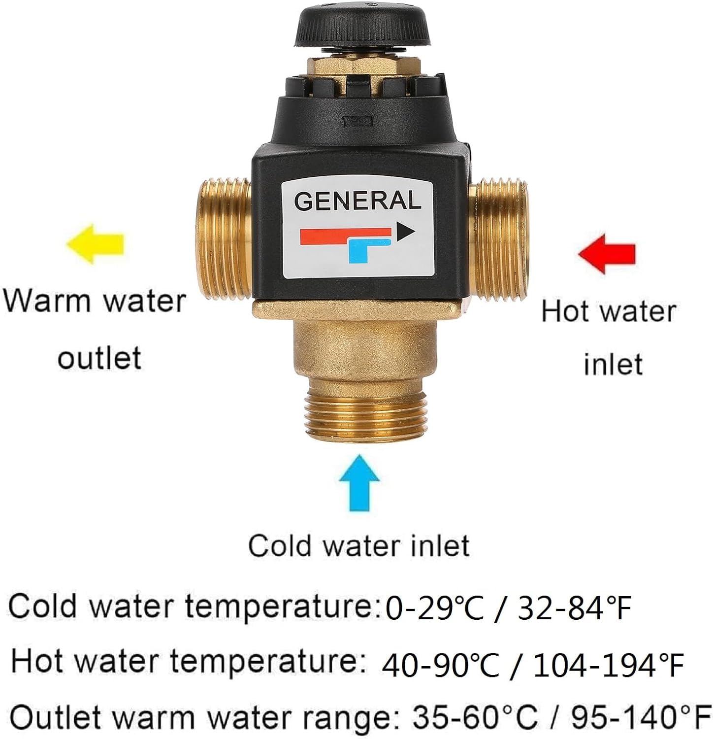 DEWIN Mezcladora Termostática, válvula mezcladora de agua de latón DN20 con rosca macho de 3 vías para calentadores de agua solares, dispositivos de agua caliente, calefacción por suelo radiante