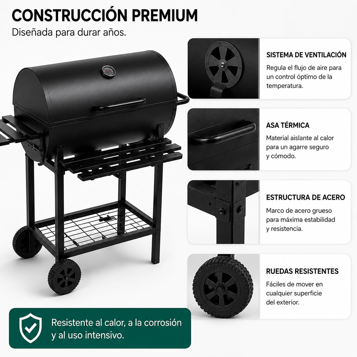 Barbacoa de Carbón – Parrilla de Acero con Ventilación Regulable, Rejilla Superior para Verduras, Estante Inferior, Mango Resistente al Calor, Gran Superficie de Cocina