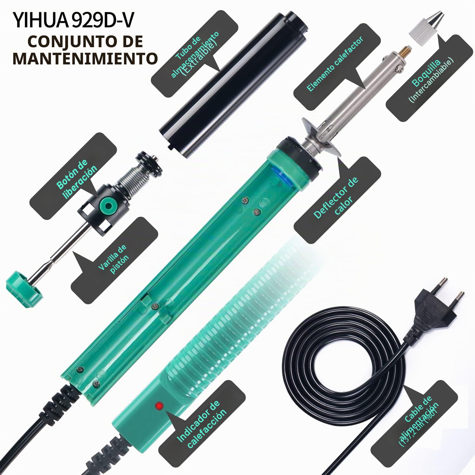 YIHUA 929D-V Bomba desoldadora de ventosa de soldadura por vacío eléctrica con mango de carga más corto y boquillas para desoldar 1.0 mm 1.2 mm 2.0 mm para desoldar por orificio pasante