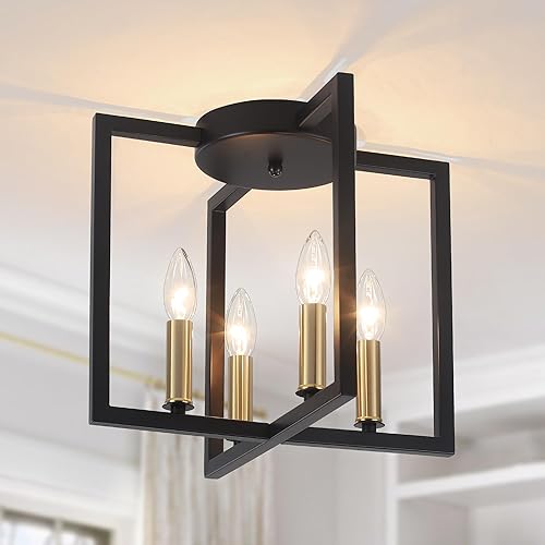 Miniatura 11 de Lámpara de techo semiempotrada de 4 luces, color negro, moderna lámpara industrial de granja con pantalla geométrica de metal, cocina, pasillo, baño