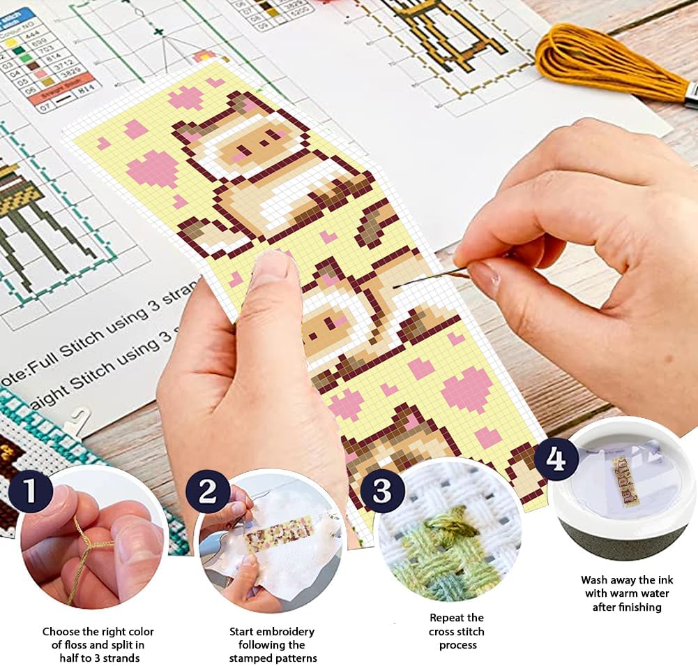 FREEBLOSS 6 Set Cross Stitch Bookmark Kit 11 CT Stamped Cross Stitch Kit DIY Embroidery Bookmark Kits for Adult Beginners with Instructions, Little Cartoon Cat, 6 x 20 cm/8" x 2.4"