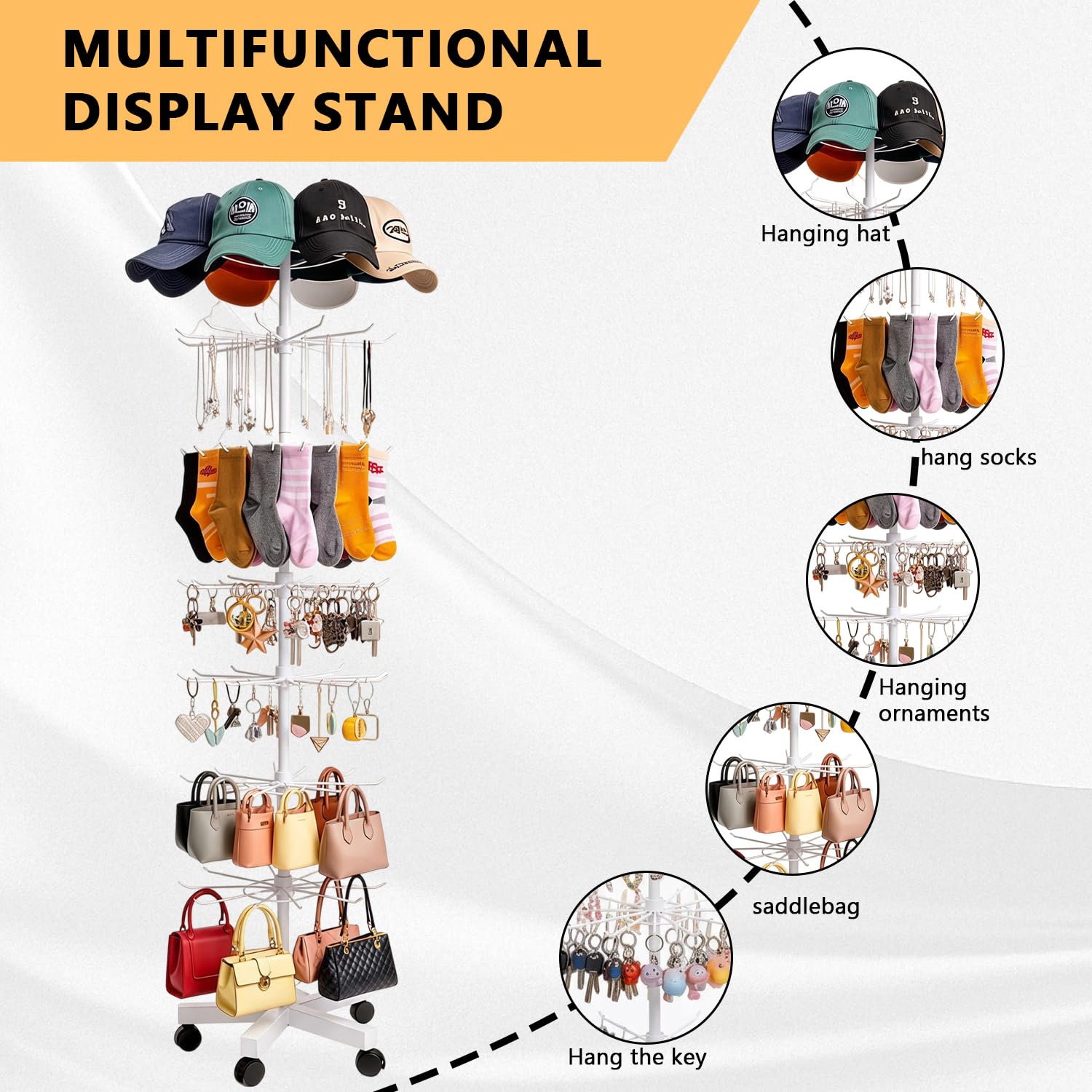 Expositor giratorio de 7 niveles, soporte de metal multifuncional con ganchos, soporte de gancho ajustable para colgar en sombreros, calcetines, cuerdas para el pelo, joyas