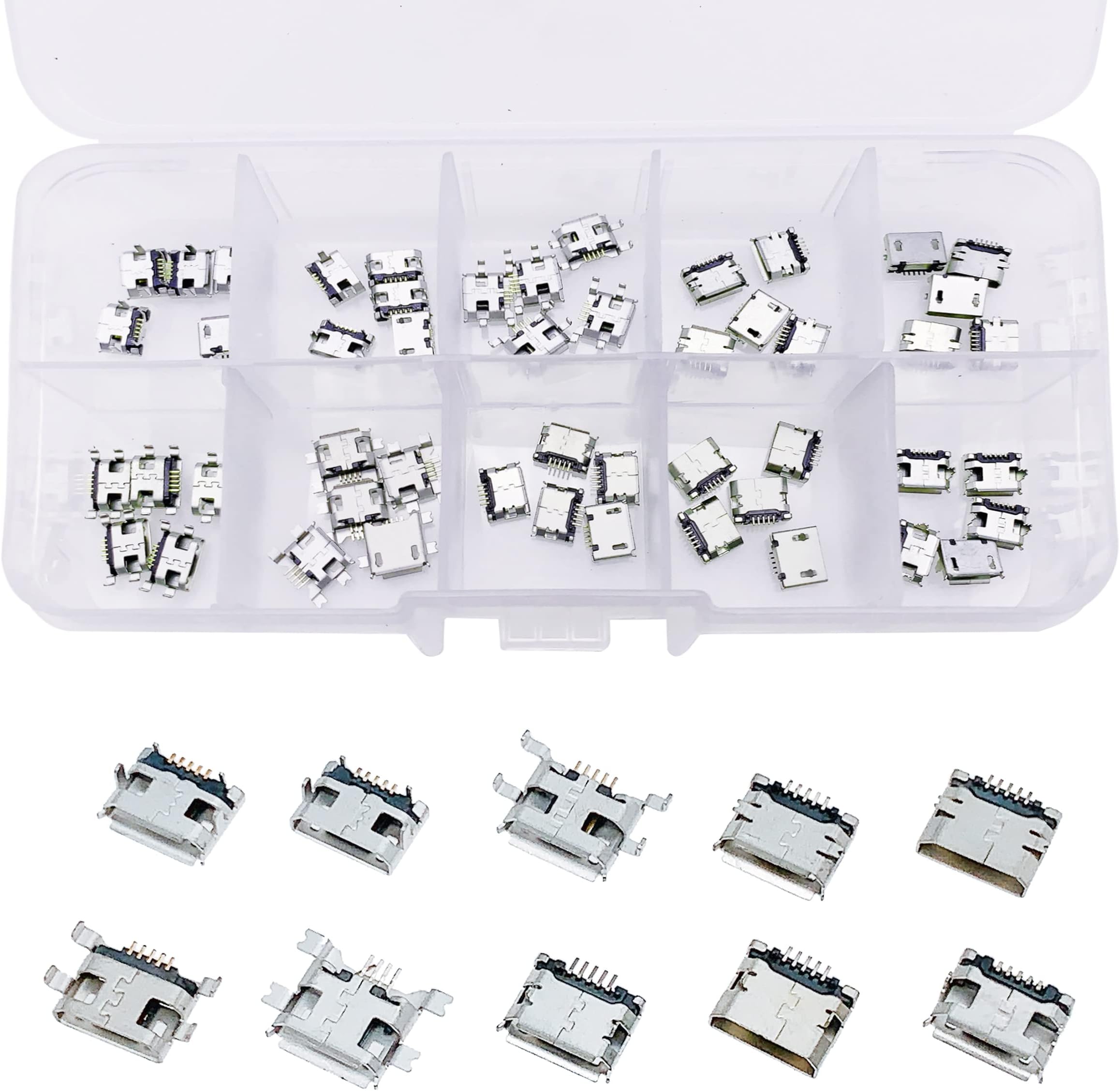 50 Pcs 10 Models Micro USB Female Sockets Connector, 5-Pin Jack Socket Connector Set for Phone, Soldering Repair USB Replacement Adapter