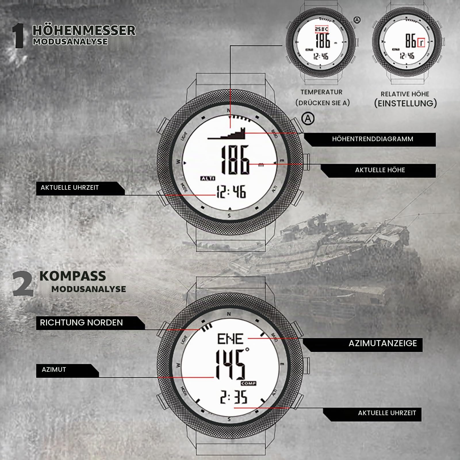 Militär Uhr Herren Kompass Höhenmesser Barometer Outdoor Digitaluhr Schrittzähler ohne app und Handy Herrenuhr Digital Robuste Armbanduhr Military Watch Tactical 5 ATM Wasserdicht Sport Junge