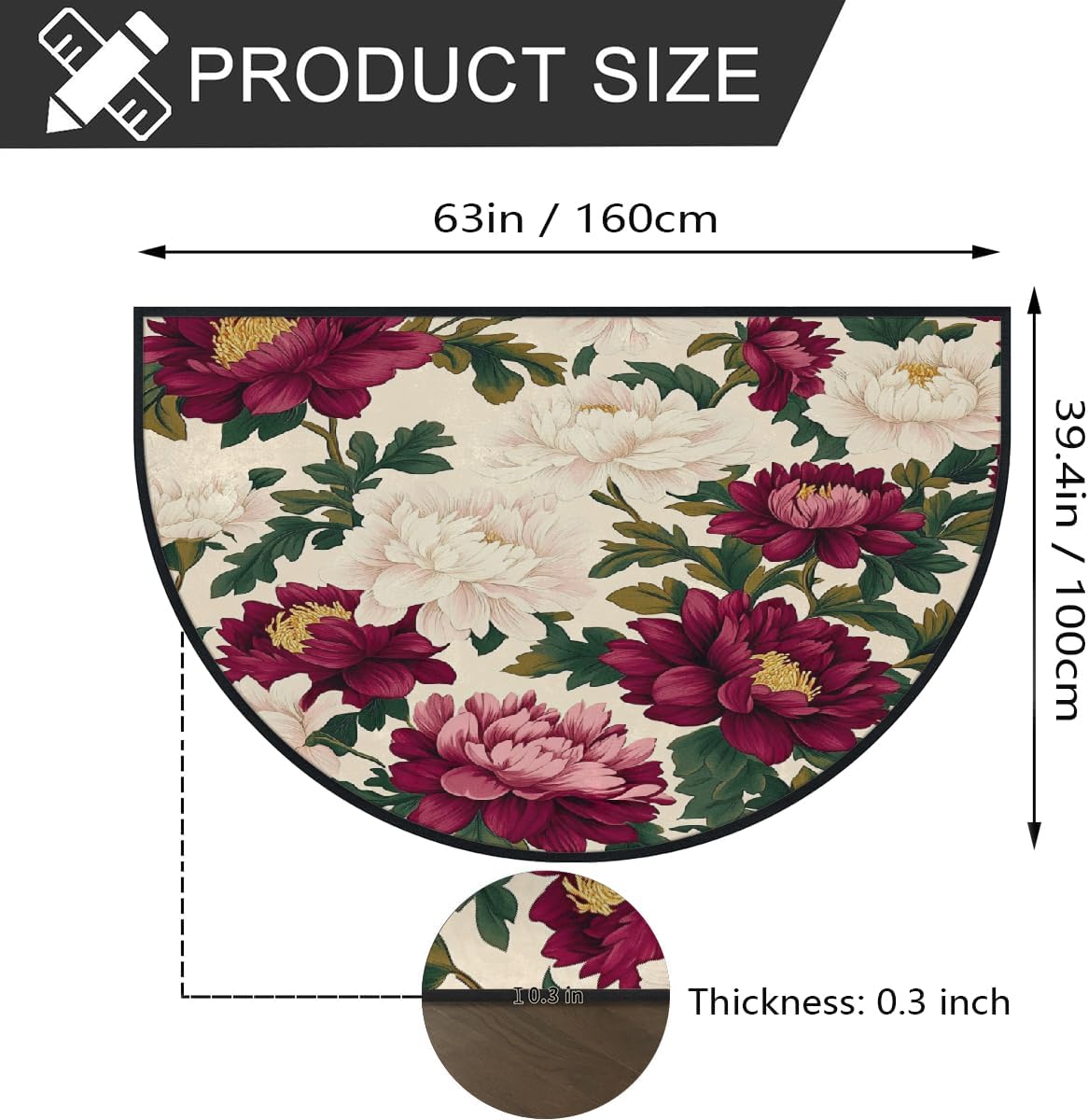 Maroon Flower Half Circle Door Mat, Non-Slip Indoor Carpet for Living Room Bedroom Cloakroom 63x39.4inch